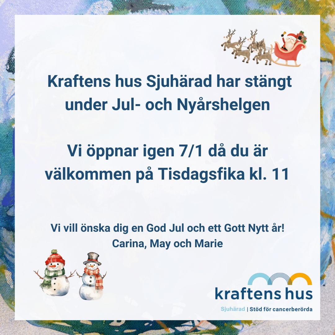 Kraftens hus Sjuhärad har stängt under Jul- och Nyårshelgen. VI öppnar igen 7/1 då du är välkommen på Tisdagsfika kl. 11